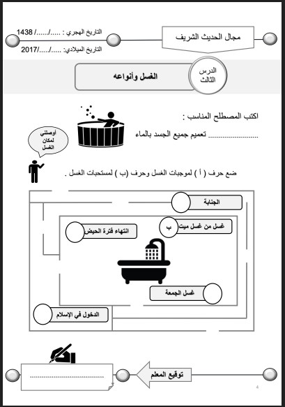 أوراق عمل التربية الاسلامية للصف السادس مدرسة أحمد محمد السقاف 2016-2017