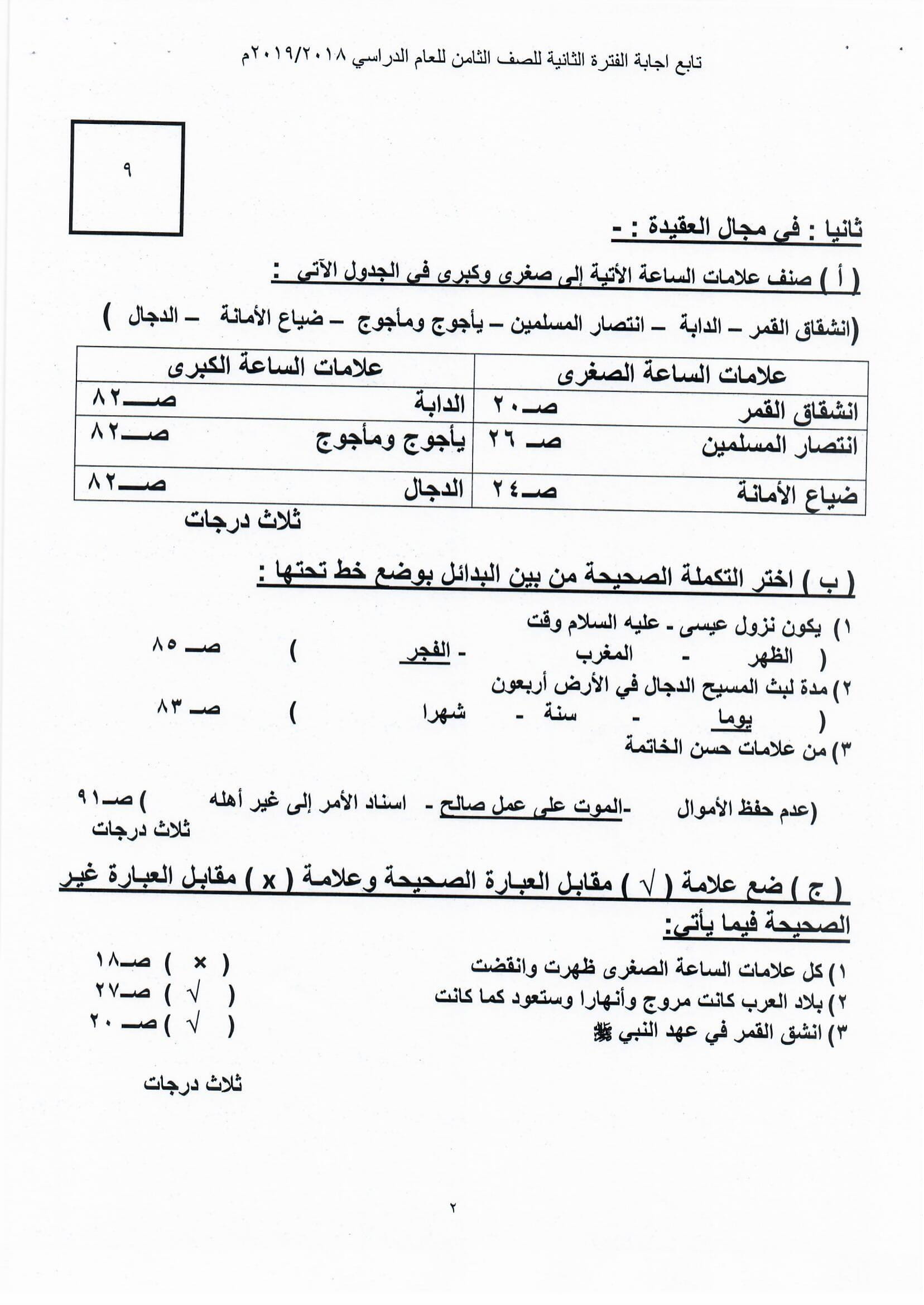 نموذج اجابة اختبار مادة التربية الإسلامية الثامن الفصل الثاني مدرستي الكويتية